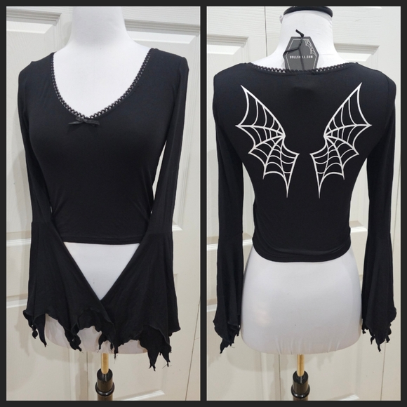 Dolls Kill Tops - Dolls Kill The Grave Girls Punk Goth Bat Wings Black V Neck Fang Club Crop Top S